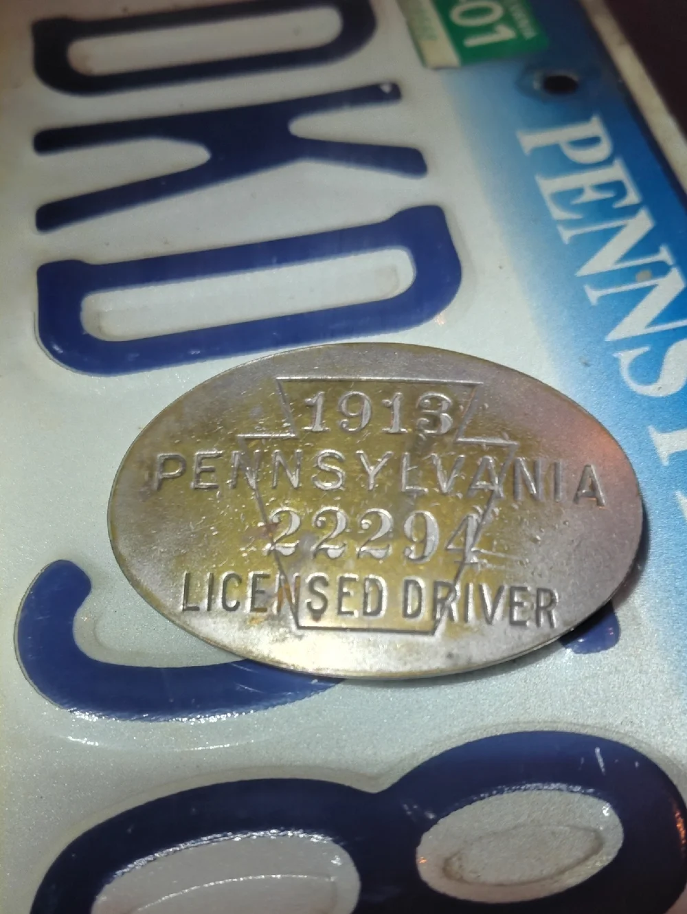 1913 Pennsylvania Vintage Licensed Driver Oval Token - Silver Tone Brass